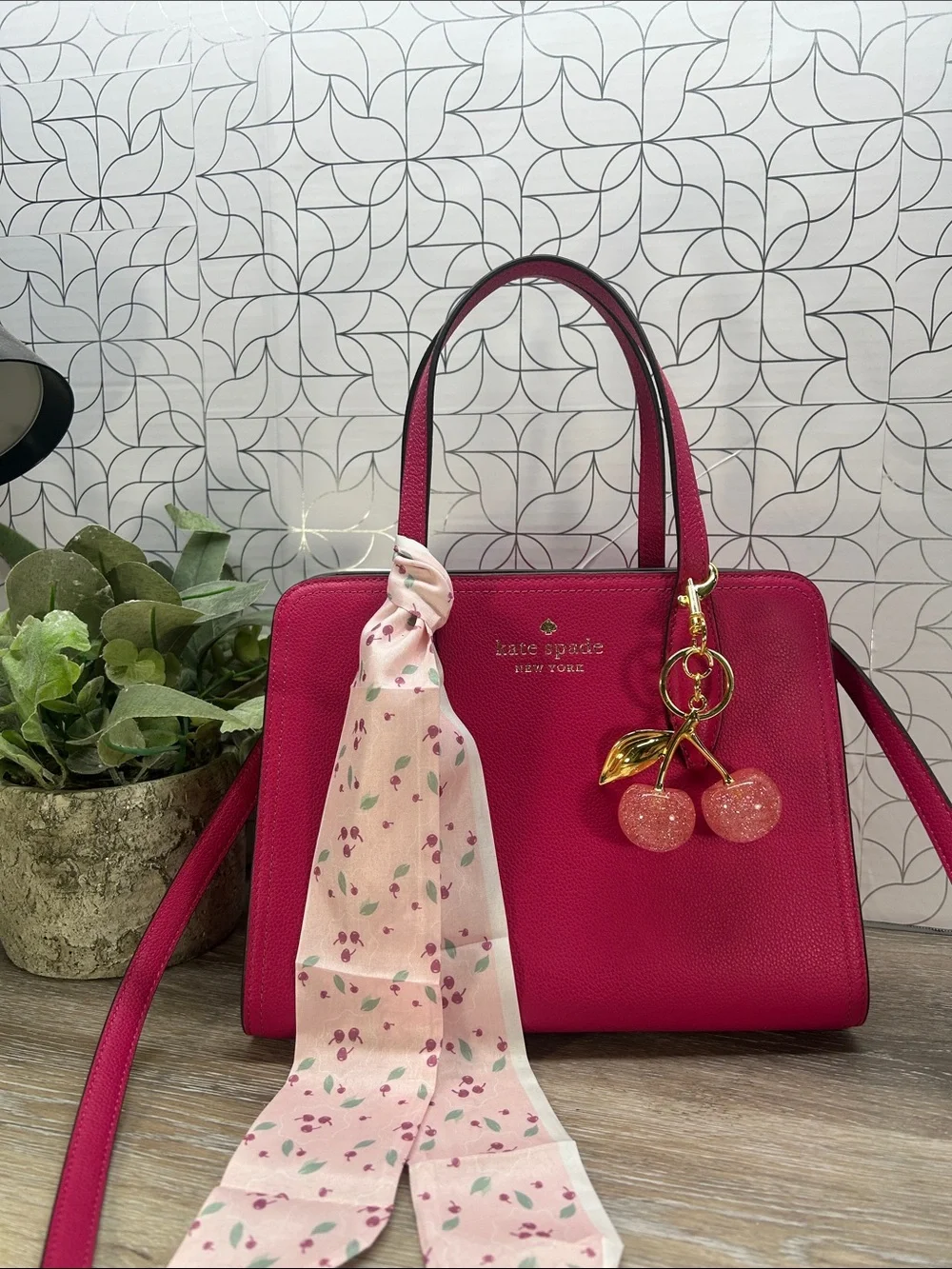 2717 kate spade Hot Pink Leather Satchel with Cherry Charm 852717